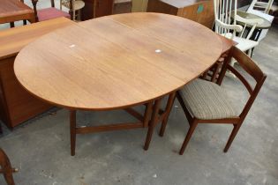 A RETRO TEAK OVAL GATE-LEG DINING TABLE, 66" X 38" OPENED AND ONE CHAIR