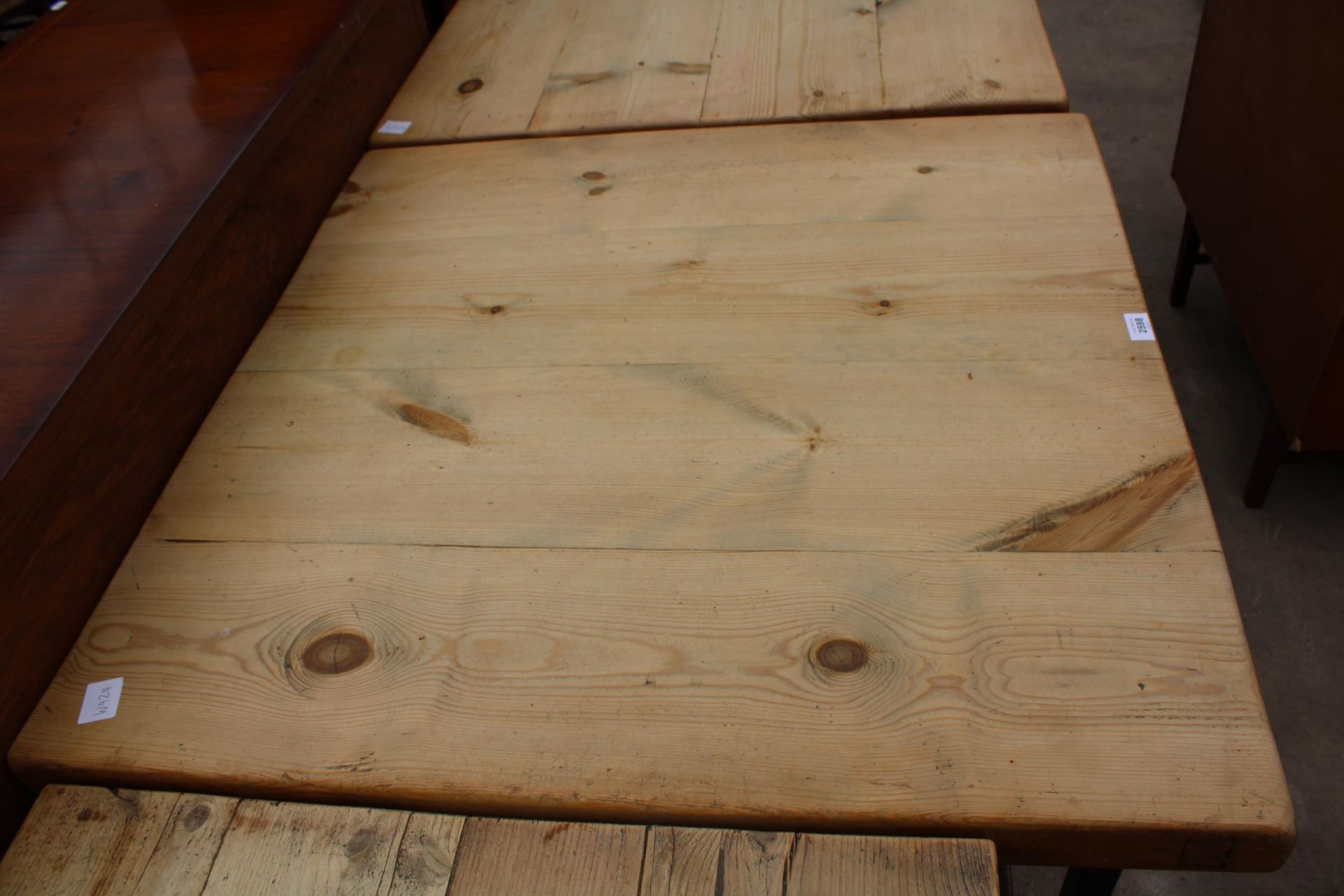 A RUSTIC FOUR PLANK TABLE, 35" SQUARE ON METAL LEGS - Image 2 of 2