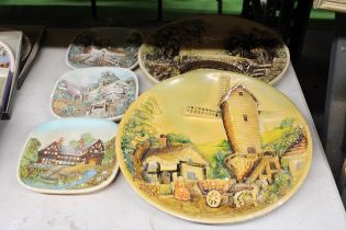 FIVE VINTAGE 3-D WALL PLAQUES TO INCLUDE COTTAGES, ETC
