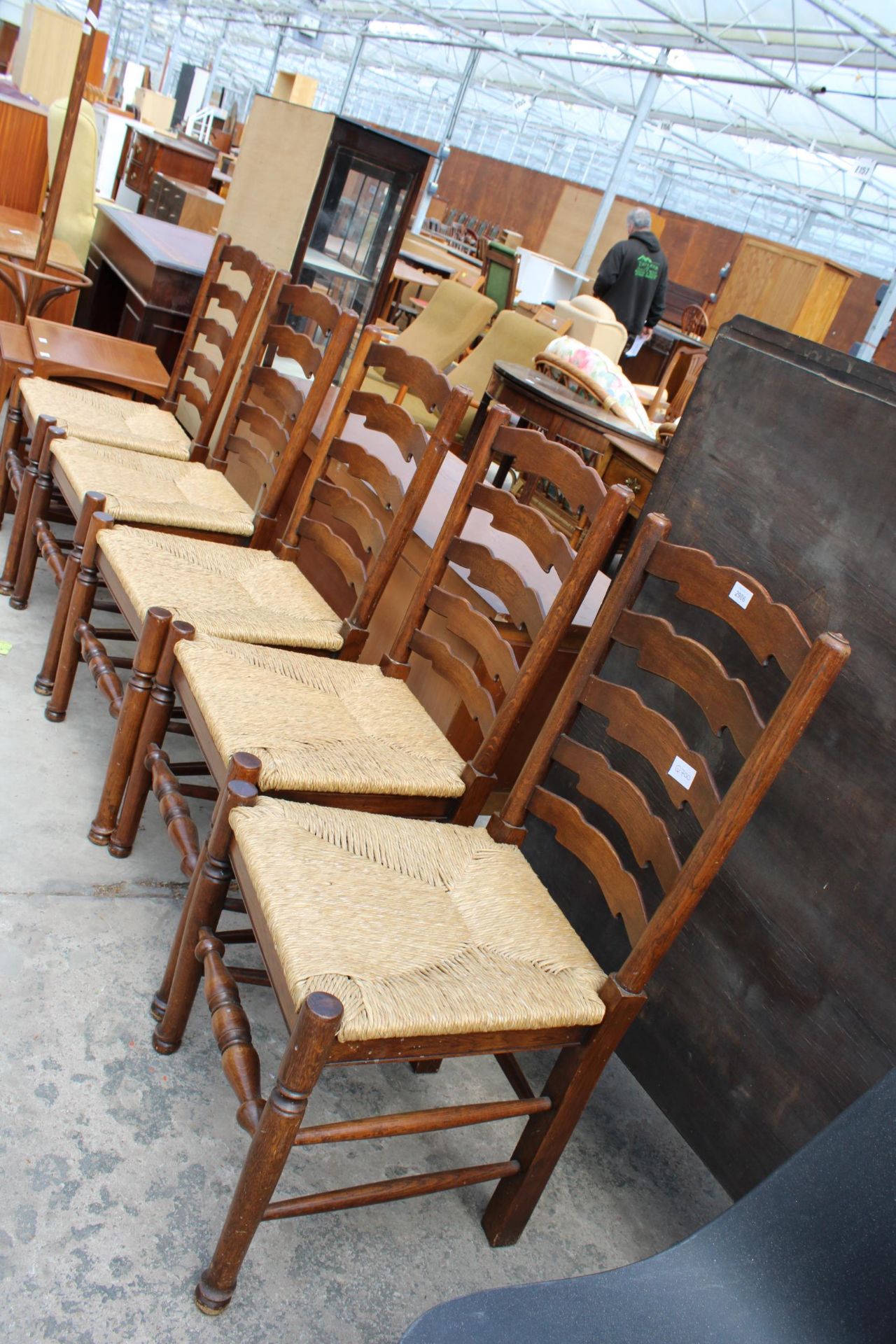 A SET OF FIVE ELM AND BEECH LANCASHIRE STYLE DINING CHAIRS WITH LADDER-BACKS AND RUSH SEATS - Image 2 of 3