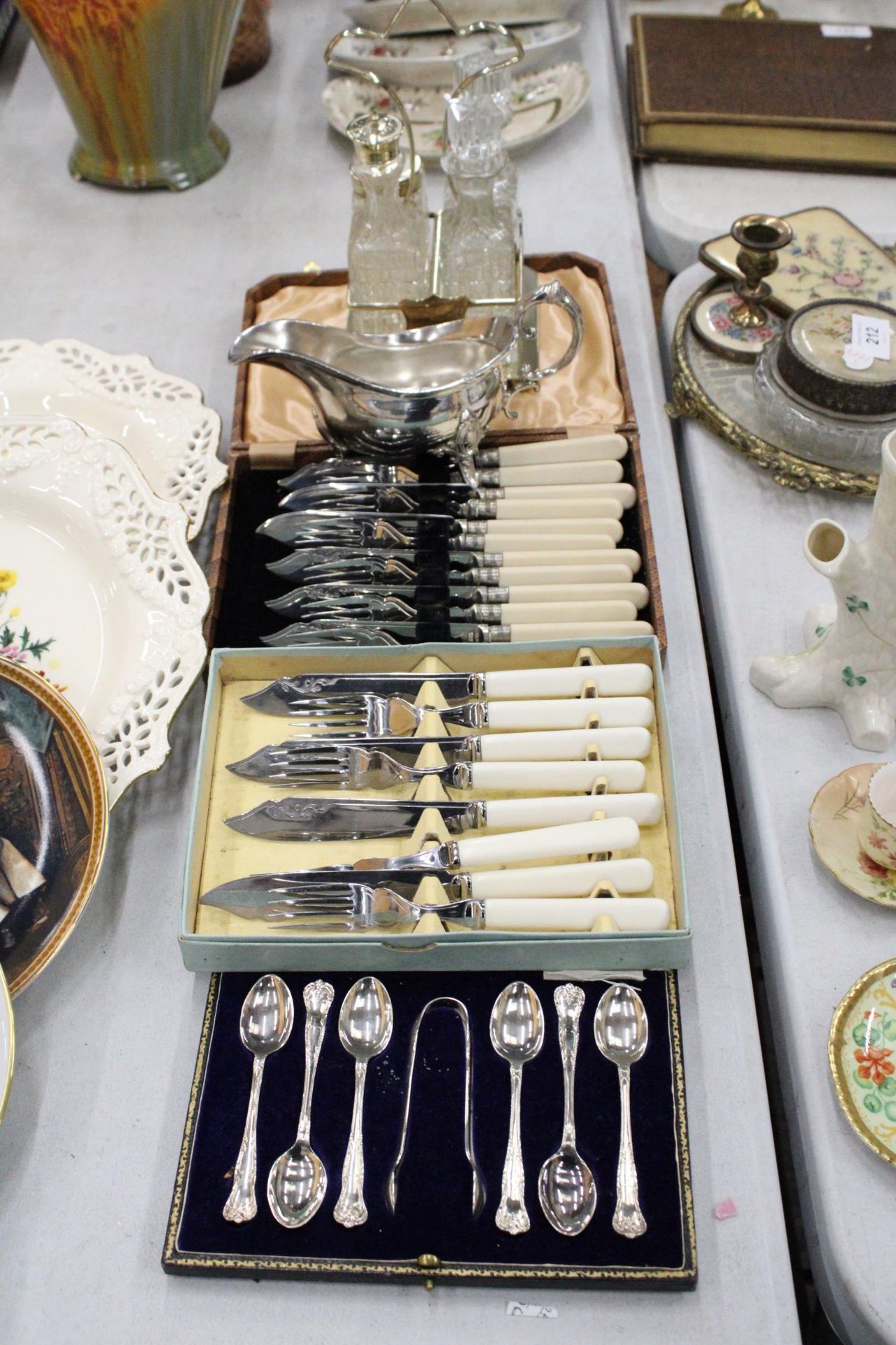 THREE VINTAGE BOXED SETS OF FLATWARE, A WALKER AND HALL STAINLESS STEEL JUG AND A GLASS CONDIMENT