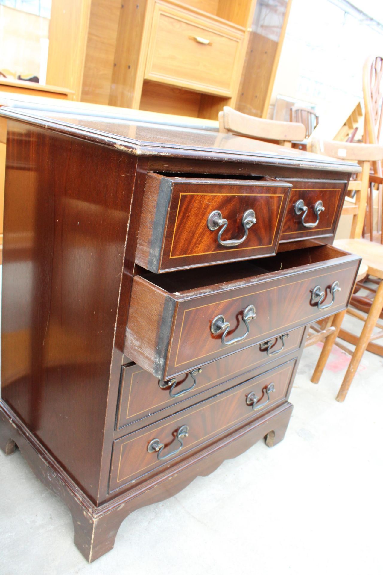 A MODERN MAHOGANY AND INLAID CHEST OF TWO SHORT AND THREE LONG DRAWERS, 25" WIDE - Image 2 of 2