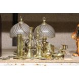 TWO BRASS TABLE LAMPS WITH GLASS SHADES, A PAIR OF CANDLESTICKS, LIDDED POT, ETC