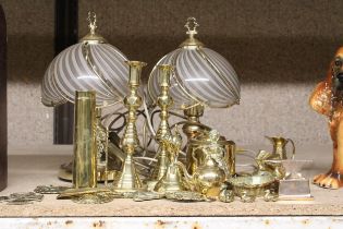 TWO BRASS TABLE LAMPS WITH GLASS SHADES, A PAIR OF CANDLESTICKS, LIDDED POT, ETC