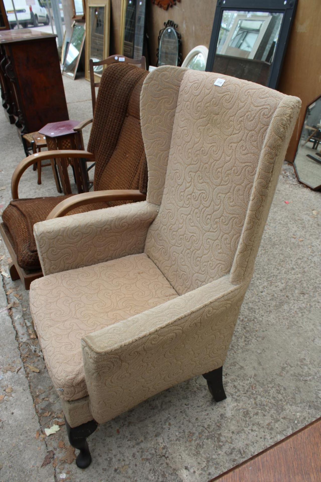 AN ART DECO STYLE ROCKING CHAIR AND WINGED FIRESIDE CHAIR ON CABRIOLE LEGS - Image 3 of 3