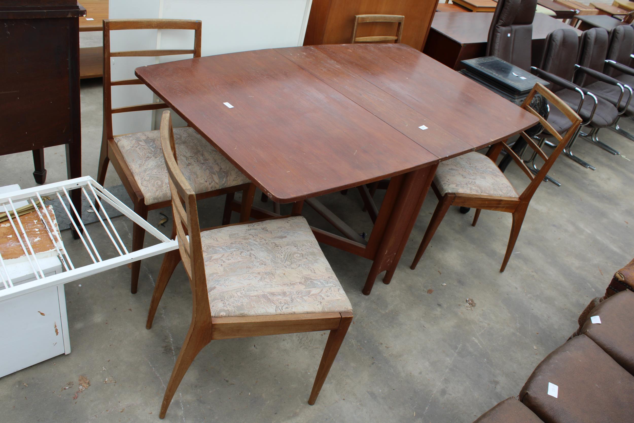 A RETRO TEAK DROP-LEAF DINING TABLE, 59" X 36" OPENED AND FOUR LADDER-BACK DINING CHAIRS