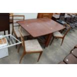 A RETRO TEAK DROP-LEAF DINING TABLE, 59" X 36" OPENED AND FOUR LADDER-BACK DINING CHAIRS
