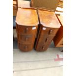 A PAIR OF WALNUT ART DECO THREE DRAWER CHESTS 12.5" WIDE EACH (CUT DOWN DRESSING TABLE)