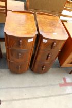 A PAIR OF WALNUT ART DECO THREE DRAWER CHESTS 12.5" WIDE EACH (CUT DOWN DRESSING TABLE)