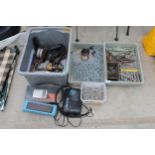 AN ASSORTMENT OF TOOLS AND HARDWARE TO INCLUDE NAILS, A DRILL AND A PULLEY HOOK ETC