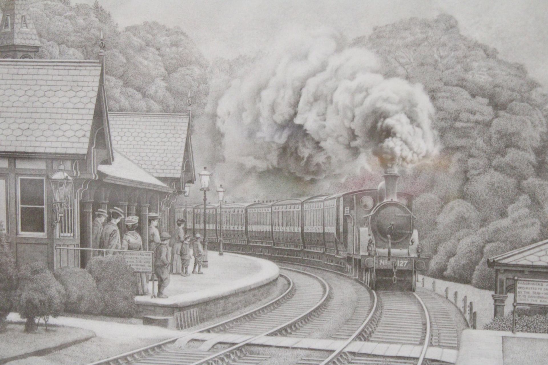 A FRAMED FURNESS ABBEY STATION LIMITED EDITION PRINT 110/500 BY JOHN S GIBB - 29 x 23 INCH - Image 2 of 5