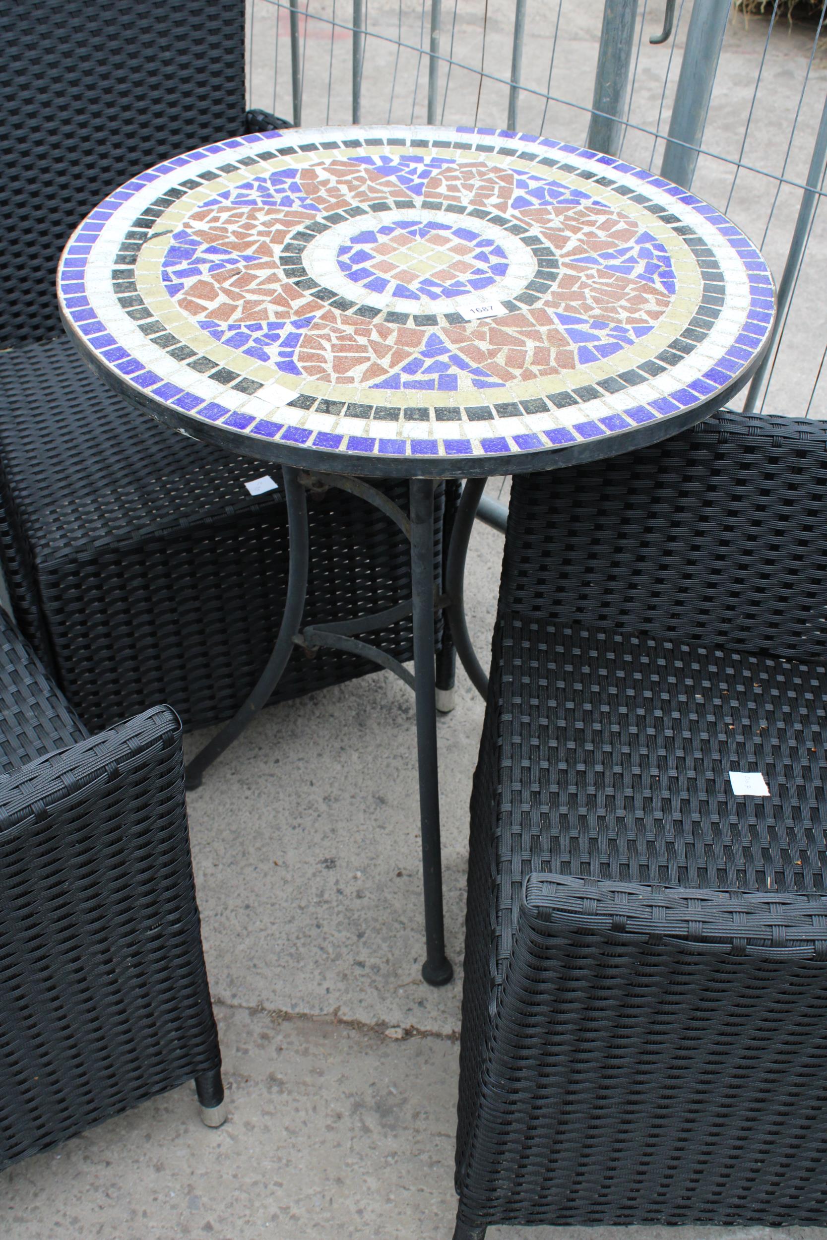 A TILE TOP BISTRO TABLE AND THREE RATTAN CHAIRS - Image 2 of 2