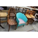 A PAIR OF HIGH BACK KITCHEN STOOLS, LLOYD LOOM STYLE BEDROOM CHAIR AND ERCOL STYLE WINDSOR CHAIR