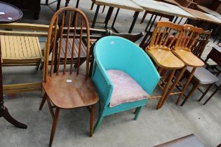 A PAIR OF HIGH BACK KITCHEN STOOLS, LLOYD LOOM STYLE BEDROOM CHAIR AND ERCOL STYLE WINDSOR CHAIR