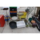 A LARGE ASSORTMENT OF GARDEN ITEMS TO INCLUDE ANIMAL FIGURES, A BIRDBATH AND A METAL PLANT STAND ETC