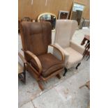 AN ART DECO STYLE ROCKING CHAIR AND WINGED FIRESIDE CHAIR ON CABRIOLE LEGS