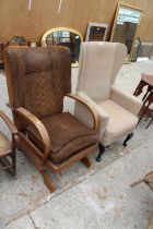 AN ART DECO STYLE ROCKING CHAIR AND WINGED FIRESIDE CHAIR ON CABRIOLE LEGS