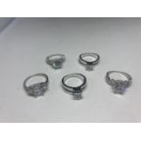 FIVE MARKED S925 RINGS WITH CLEAR STONES