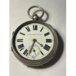 A HALLMARKED CHESTER POCKET WATCH WITH WHITE ENAMEL FACE, ROMAN NUMERALS AND SUB DIAL A/F NO GLASS