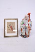 A CHINESE SILK FRAMED MINIATURE AND A CHINESE CERAMIC FIGURE
