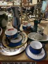 A MIXED LOT TO INCLUDE A DENBY CUP AND SAUCER, A MARZI AND REMY GERMAN STONEWARE WINE PITCHER,