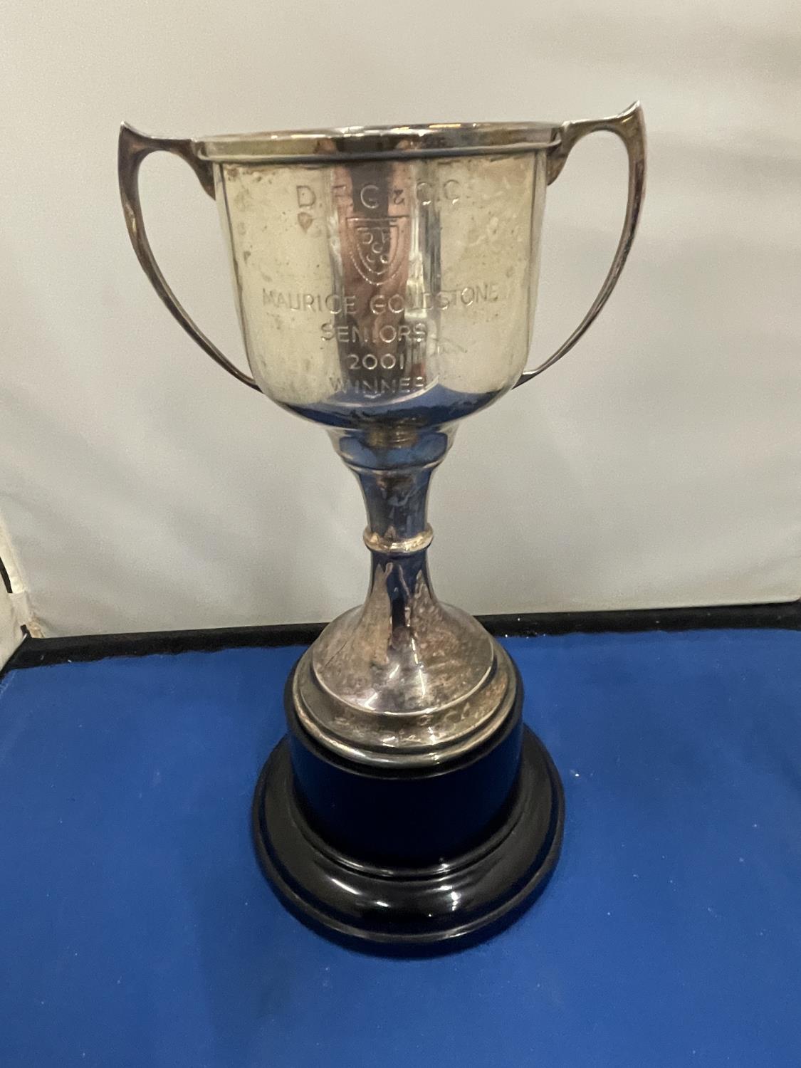 A HALLMARKED BIRMINGHAM SILVER TROPHY ON A BASE, ENGRAVED