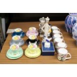 SIX IMPERIAL BONE CHINA TRIOS, SIX CHINA MUGS PLUS FIGURINES AND A BOXED ROYAL WORCESTER PIE FUNNEL