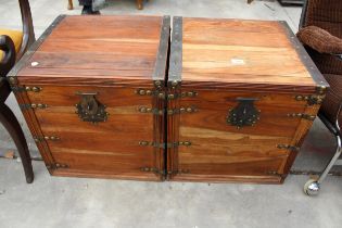 A PAIR OF MODERN HARDWOOD METAL BOUND STORAGE CHESTS, 18.5" SQUARE EACH