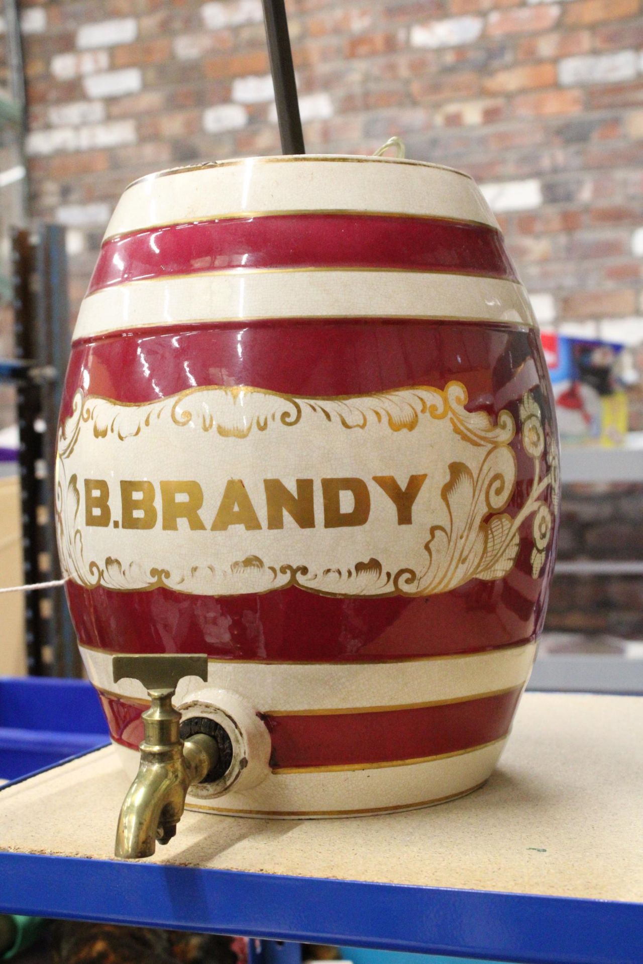 A LARGE STONEWARE B.BRANDY KEG WITH TAPS CONVERTED TO A LAMP. APPROX HEIGHT OF BARREL 32.5CM. - Image 3 of 5
