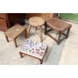 AN OAK BOBBIN TURNED STOOL, ELM VICTORIAN STOOL AND TWO OTHER STOOLS