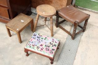 AN OAK BOBBIN TURNED STOOL, ELM VICTORIAN STOOL AND TWO OTHER STOOLS