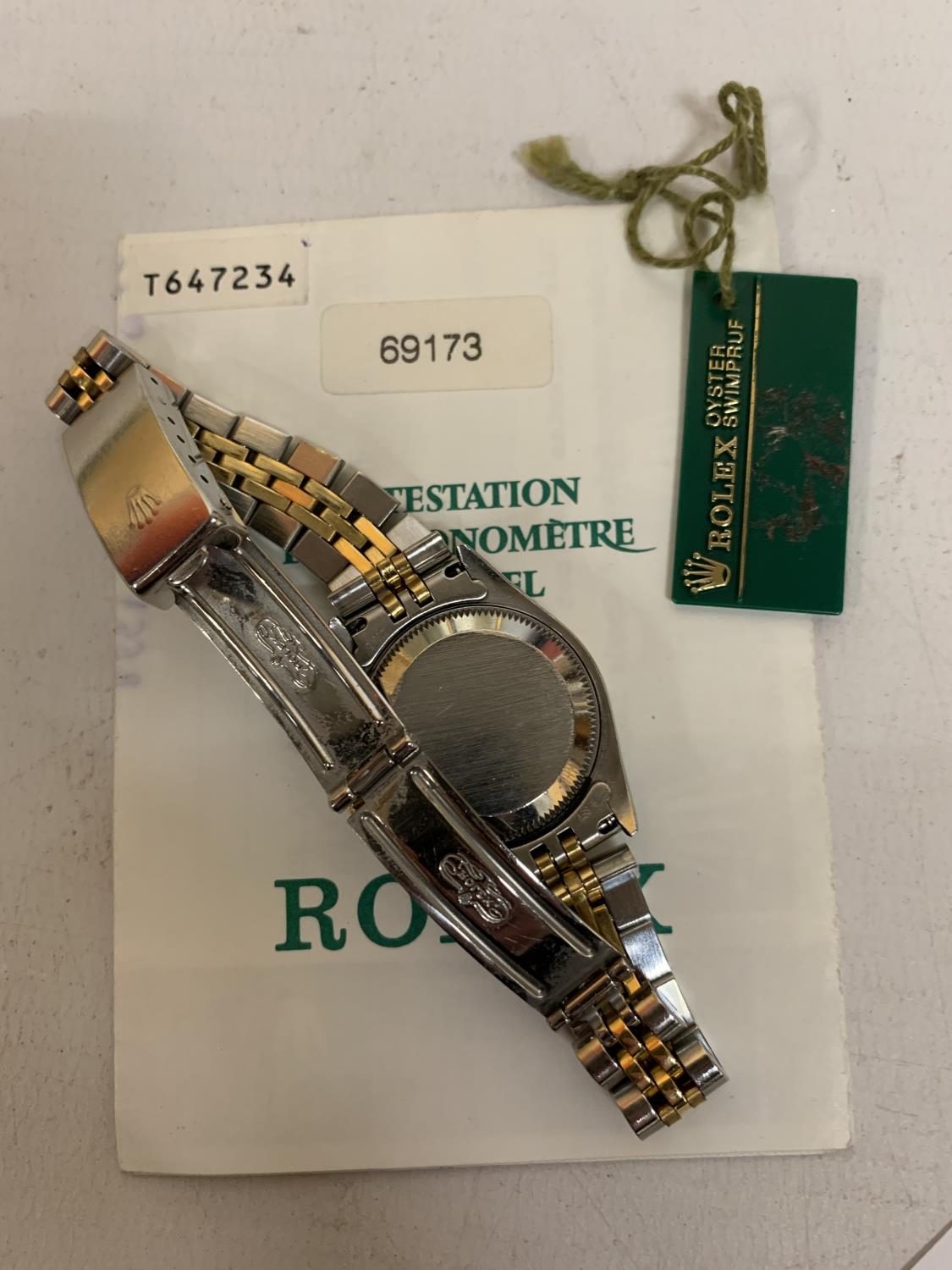 A LADIES' BI-METAL ROLEX DATEJUST WRISTWATCH WITH TAGS AND CARD - Image 3 of 3