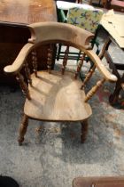 A VICTORIAN STYLE ELM AND BEECH CAPTAINS CHAIR WITH TURNED LEGS AND UPRIGHTS
