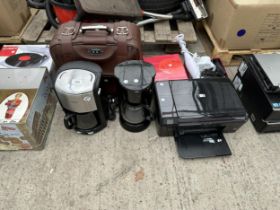 AN ASSORTMENT OF ITEMS TO INCLUDE TWO COFFEE MAKERS, A PRINTER AND A STICK BLENDER ETC