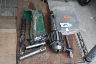 AN ASSORTMENT OF TOOLS TO INCLUDE A CHUCK AND DRILL BITS ETC