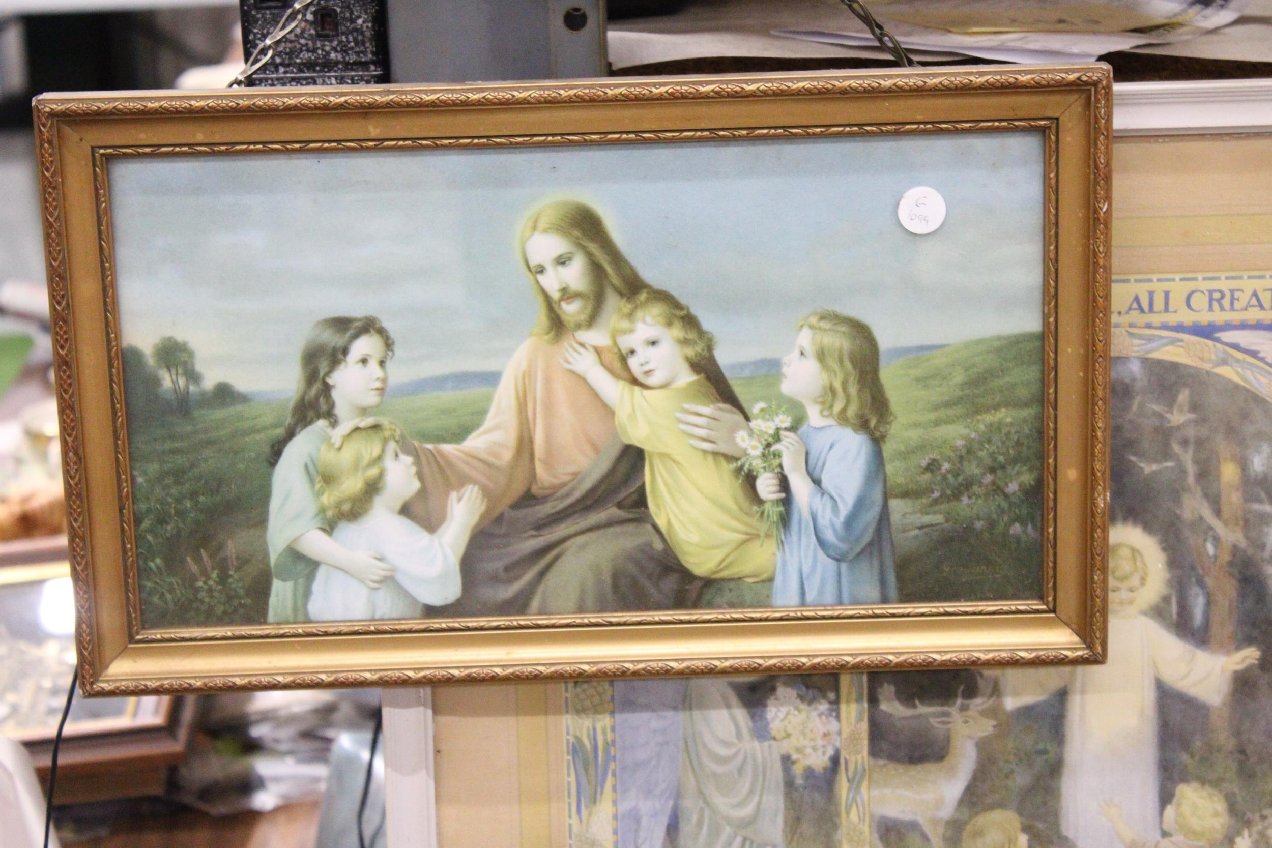 A COLLECTION OF RELIGIOUS ITEMS TO INCLUDE, FIVE FRAMED PRINTS, A MARY AND JESUS BUST AND A WALL - Image 6 of 6