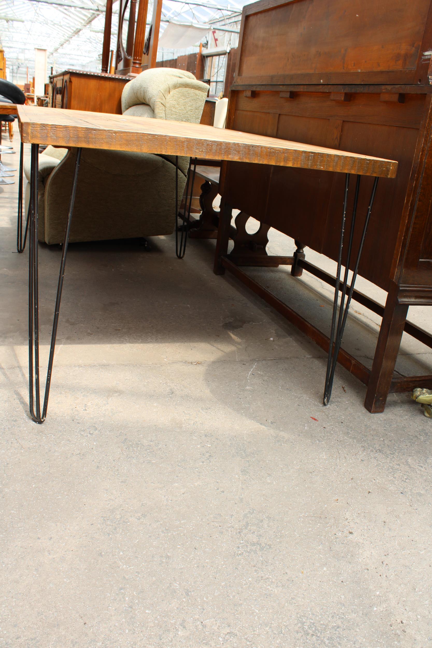 A RUSTIC PLANK TOP DINING TABLE ON HAIRPIN LEGS 72" X 37" - Image 2 of 3
