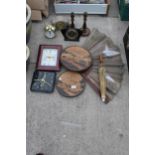 AN ASSORTMENT OF VINTAGE ITEMS TO INCLUDE A FAN, A PARASOL AND CLOCKS ETC