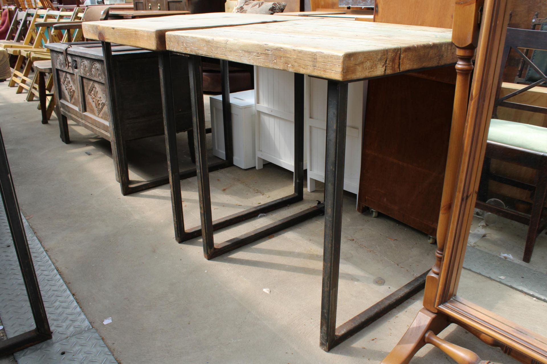 TWO RUSTIC FOUR PLANK TABLES, 27" SQUARE ON METAL LEGS - Image 2 of 2