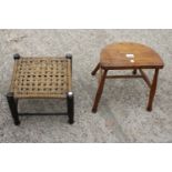 A D SHAPED ELM AND BEECH STOOL AND SMALL WICKER TOP STOOL
