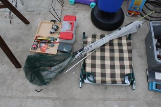 AN ASSORTMENT OF FISHING TACKLE TO INCLUDE A ROD, A LANDING NET AND FLOATS ETC
