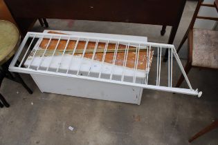 A WHITE PAINTED LADDERAX DOCUMENT UNIT, TWO METAL STANDS AND FOUR BRASS RODS