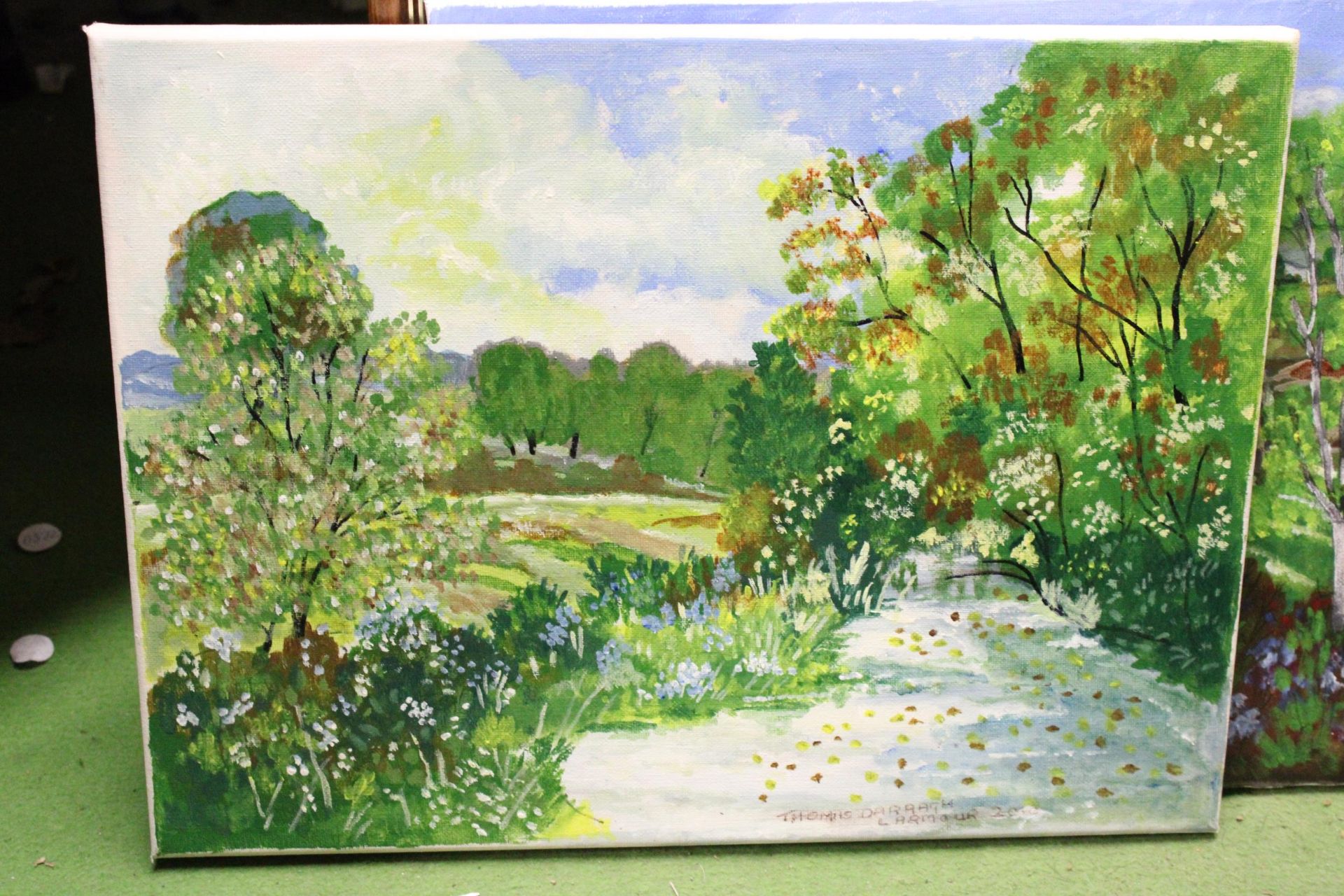 THREE OILS ON CANVAS OF A COUNTRY LANE, COASTAL SCENE AND A FLORAL STILL LIFE - Image 2 of 5