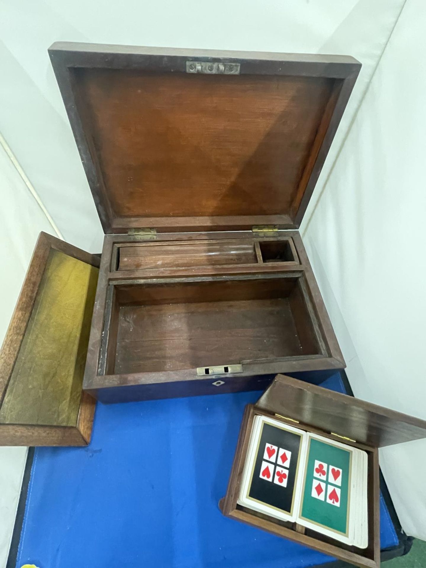 A MAHOGANY WRITING SLOPE AND CARD BOX