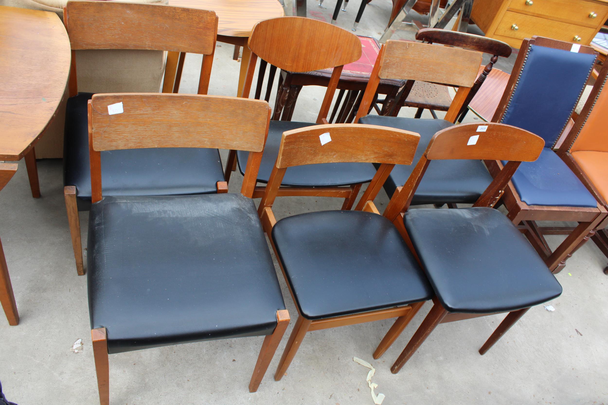 SIX VARIOUS RETRO TEAK DINING CHAIRS AND RETRO TEAK OVAL DROP-LEAF DINING TABLE, 49" X 45" OPENED - Image 3 of 3