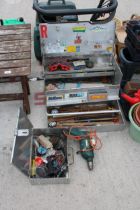 TWO METAL TOOL BOXES, AN ASSORTMENT OF TOOLS AND A COLLECTION OF WELDING RODS ETC