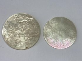 TWO VINTAGE HAND CARVED, MOTHER OF PEARL GAMING TOKENS (ONE A/F)