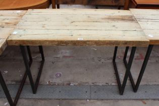 A RUSTIC FOUR PLANK TABLE, 47" X 27" ON METAL LEGS