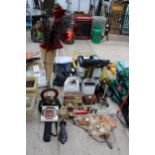 AN ASSORTMENT OF ITEMS TO INCLUDE A RADIO, A COBBLERS LAST, SHELLS AND BOTTLES ETC