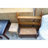 A PINE STOOL, OAK WALL RACK AND SMALL TEAK OCCASIONAL TABLE